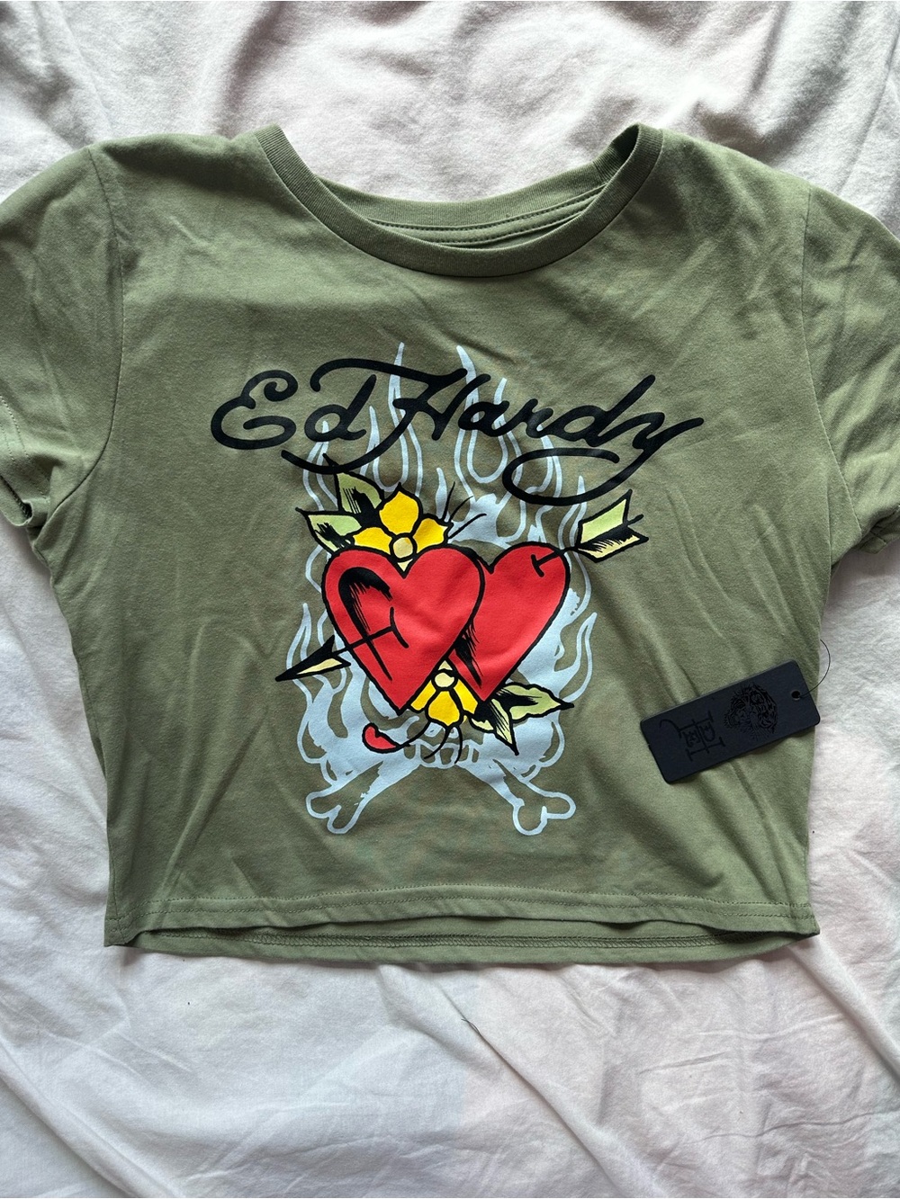 Ed Hardy Y2K Tattoo Heart Graphic Baby Tee Olive Green Size XL